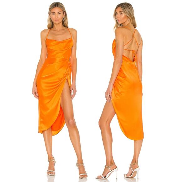 Amanda Uprichard Jasalina Dress Satin 100% Silk Ruched Side Slit Orange Size S - Picture 1 of 10